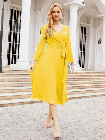 Vestido de dama de honor con espalda en V y cinturón, para la madre de la novia o invitada a la boda SY28031