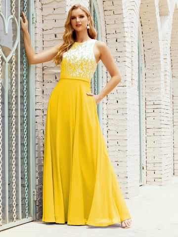 Vestido de dama de honor de encaje, largo hasta el suelo, con bolsillos, 28017 