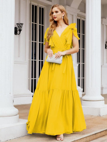 Vestido de fiesta formal de noche con espalda descubierta para mujer Baoleely, escote en V, largo, de gasa, con cinturón a la cintura 28038