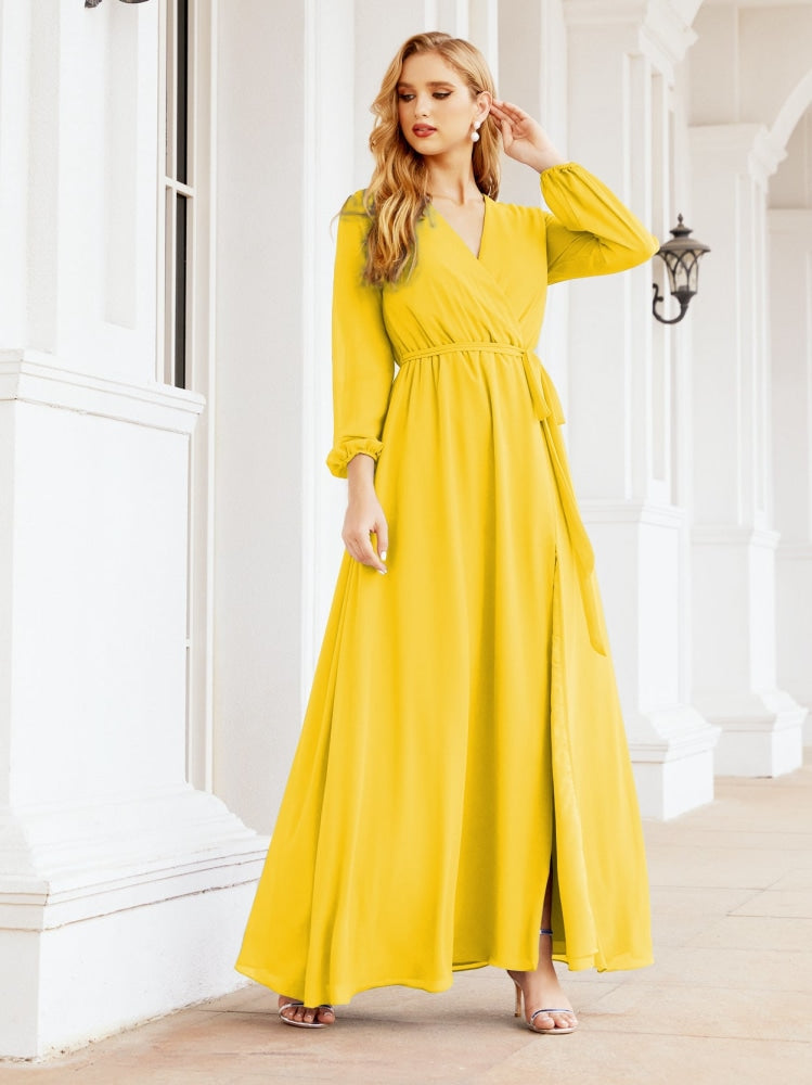 Vestido de dama de honor de gasa para mujer Sunderly, corte en A, manga larga, vestido de noche formal para invitada de boda SY28032 