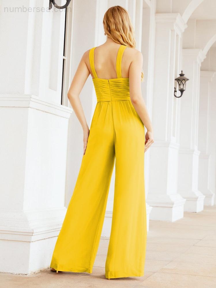 Baoleely Crisscross Neck Jumpsuit Formal Evening Dress Long Bridesmaid Dresses Bell-bottomed Pants 28033
