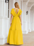 Baoleely Women's Open Back Formal Evening Party Prom Gowns V-Neck Long Chiffon Bridesmaid Dresses with Waist Belt 28038