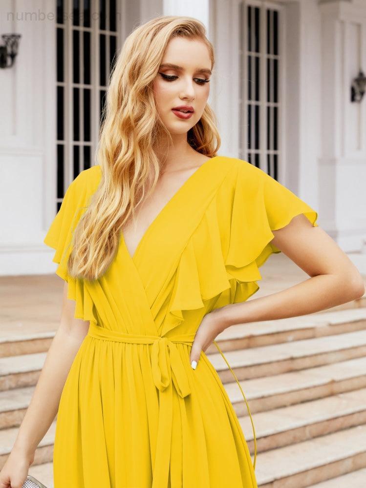 Baoleely Women's Open Back Formal Evening Party Prom Gowns V-Neck Long Chiffon Bridesmaid Dresses with Waist Belt 28038