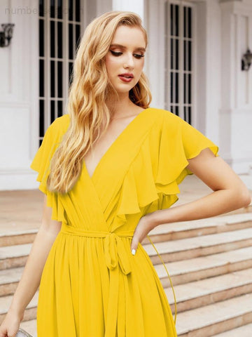 Vestido de fiesta formal de noche con espalda descubierta para mujer Baoleely, escote en V, largo, de gasa, con cinturón a la cintura 28038