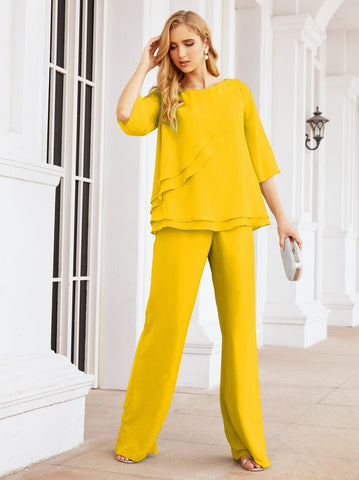 Elegante conjunto de pantalón y bata plateada de dos piezas para la madre de la novia, talla grande, con volantes, Sunderly Elegant SY28064