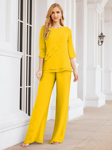 Elegante conjunto de pantalón y bata plateada de dos piezas para la madre de la novia, talla grande, con volantes, Sunderly Elegant SY28064