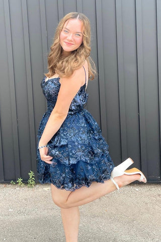 Princess A Line Spaghetti Straps Navy Corset Homecoming Dress with Ruffles