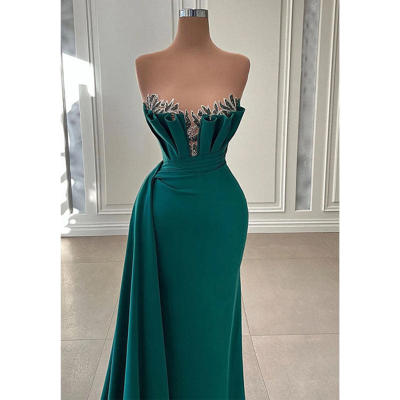 Vestido de fiesta largo sin tirantes, con cuentas y corte tubo, color verde 