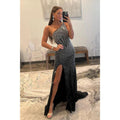 Vestido de fiesta negro con un hombro al descubierto y cuentas, corte tubo/columna, vestidos de noche 