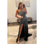 Vestido de fiesta negro con un hombro al descubierto y cuentas, corte tubo/columna, vestidos de noche 