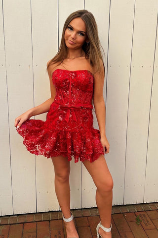 Cute A Line Strapless Red Corset Homecoming Dress with Ruffles