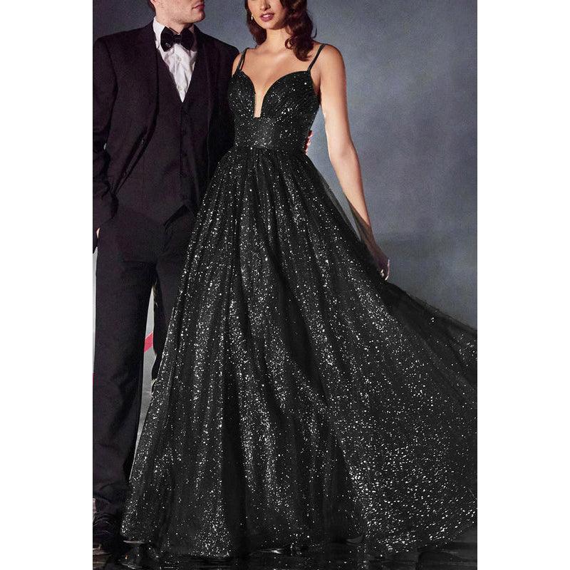 Vestido de noche largo de tul fruncido transparente con escote en A y escote en forma de corazón brillante
