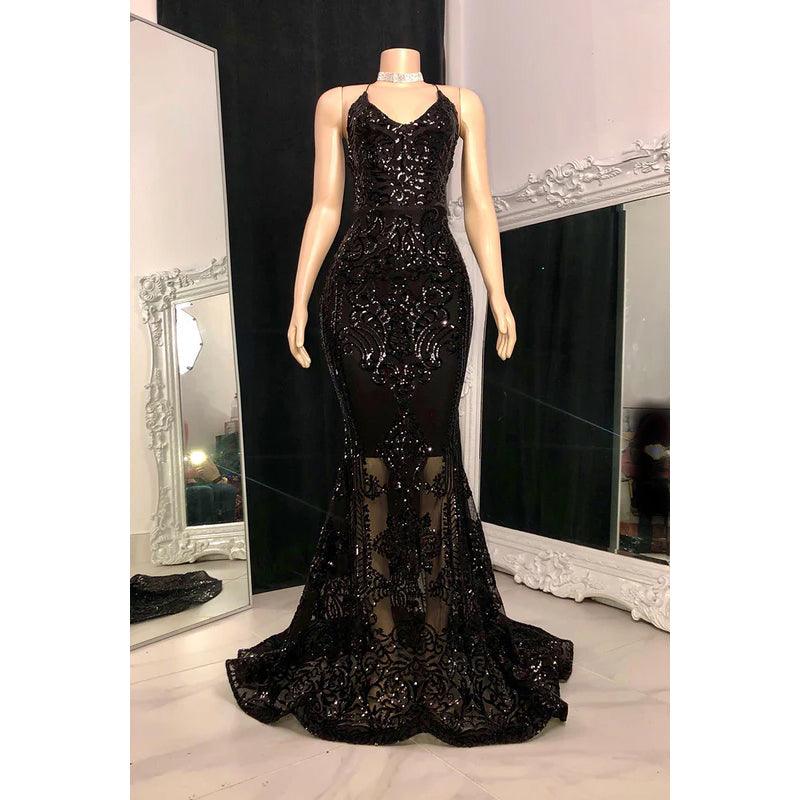 Vestido de noche sexy y atractivo con escote en V, corte sirena, sin mangas, abertura y lentejuelas