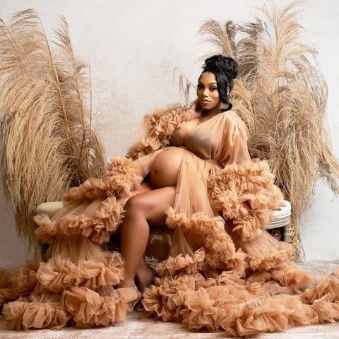 Robe de bal sexy à col en V, volants sur le devant, fente, idéale pour les photos de grossesse, manches taouk, vêtements de maternité à volants