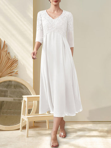 A-line V-Neck Tea-Length Chiffon Lace Mother of the Bride Dress With Beading