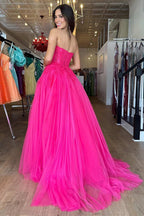 Vestido largo de fiesta sin tirantes, corte en A, de tul rosa fucsia con encaje y sin tirantes