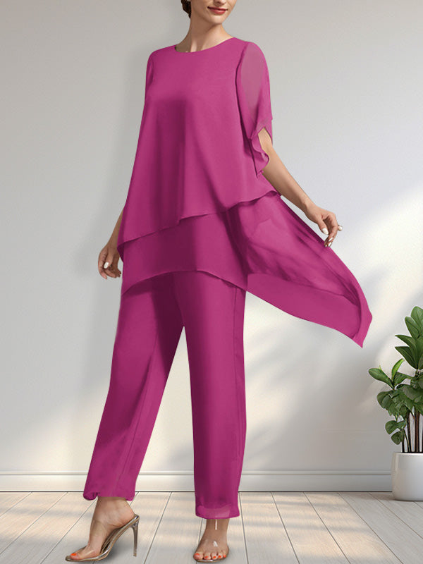 Vestido de gasa de dos piezas para la madre de la novia: mono/traje pantalón con escote redondo y largo hasta el tobillo.