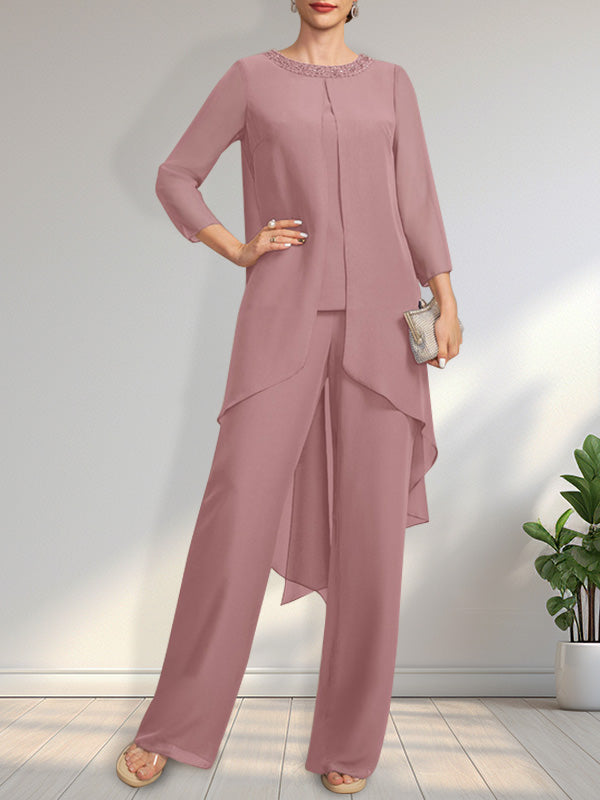 Vestido de dos piezas para la madre de la novia: mono/pantalón de gasa con escote redondo y largo hasta el suelo, adornado con lentejuelas y pedrería.