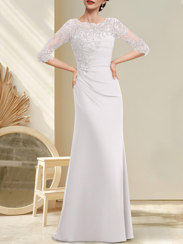 Robe de mariée trapèze en mousseline de soie et dentelle, longue jusqu'au sol, ornée de perles et de sequins plissés, idéale pour la mère de la mariée.