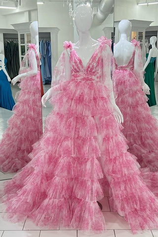 Kylee | Vestido largo de fiesta rojo con estampado floral, escote en V y tirantes con lazo