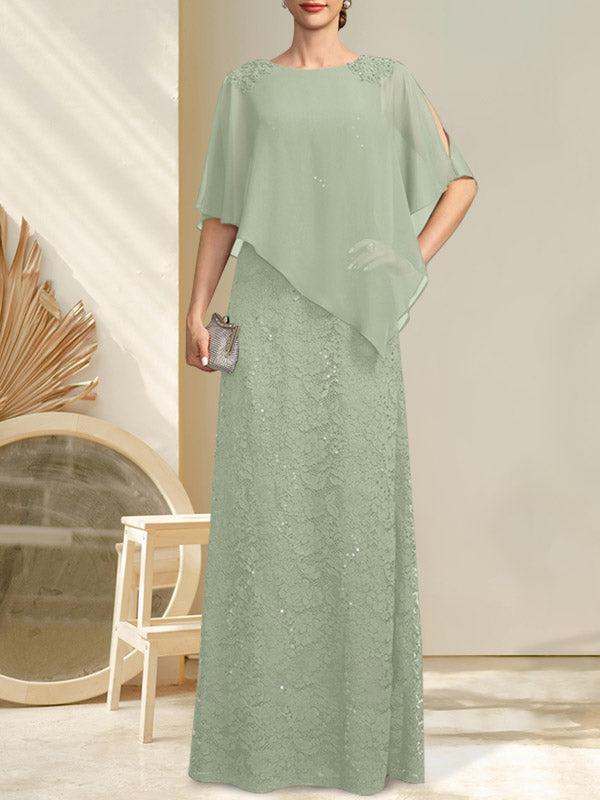 Vestido de novia de corte recto/columna, largo hasta el suelo, de gasa con encaje y lentejuelas, con escote redondo y pedrería.