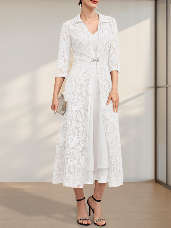 Robe de mère de la mariée en mousseline, coupe trapèze, col en V, longueur thé
