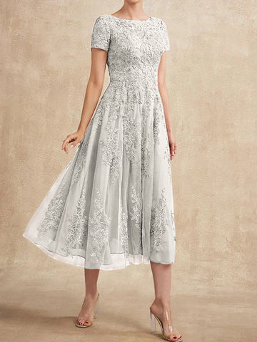 A-line Scoop Tea-Length Tulle Lace Mother of the Bride Dress