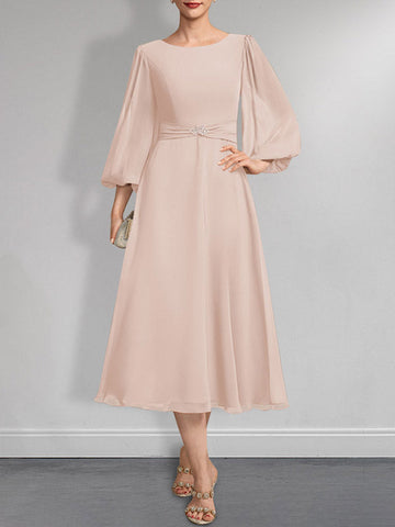 A-line Scoop Tea-Length Chiffon Mother of the Bride Dress With Crystal Brooch Pleated