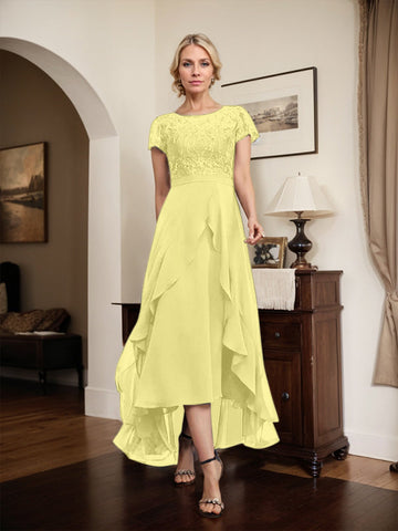 A-line Scoop Illusion Asymmetrical Chiffon Lace Mother of the Bride Dress With Bow Ruffle Sequins