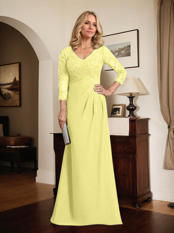 Sheath/Column V-Neck Illusion Floor-Length Lace Chiffon Mother of the Bride Dress With Pleated Sequins