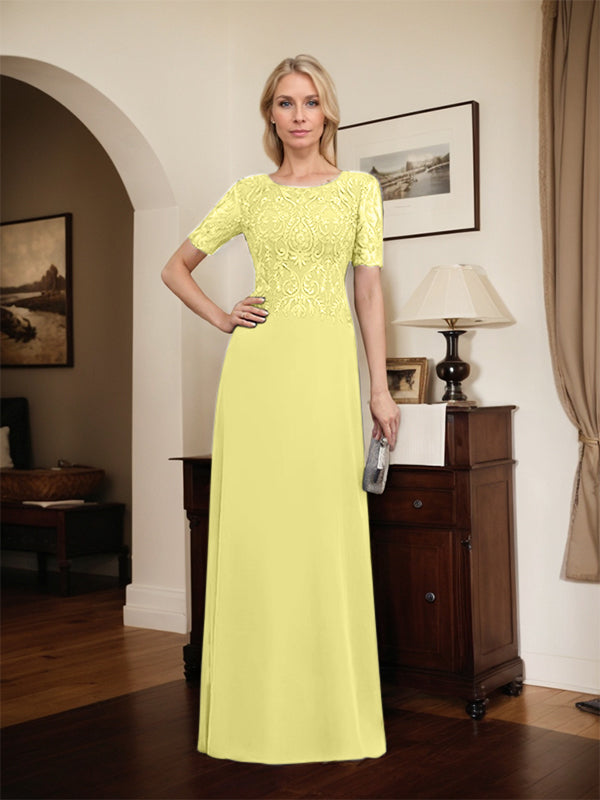 Vestido de novia de corte línea A, escote redondo, largo hasta el suelo, de encaje y gasa con lentejuelas.