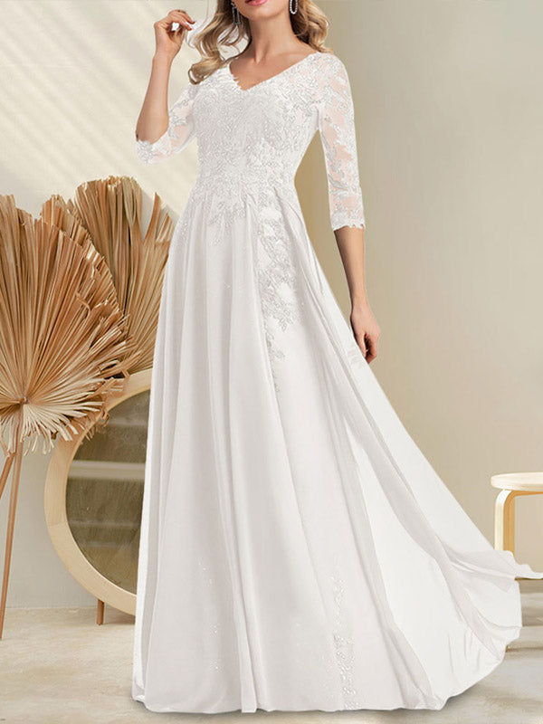 Vestido de novia de corte A, escote en V, largo hasta el suelo, de gasa de encaje con lentejuelas para la madre de la novia