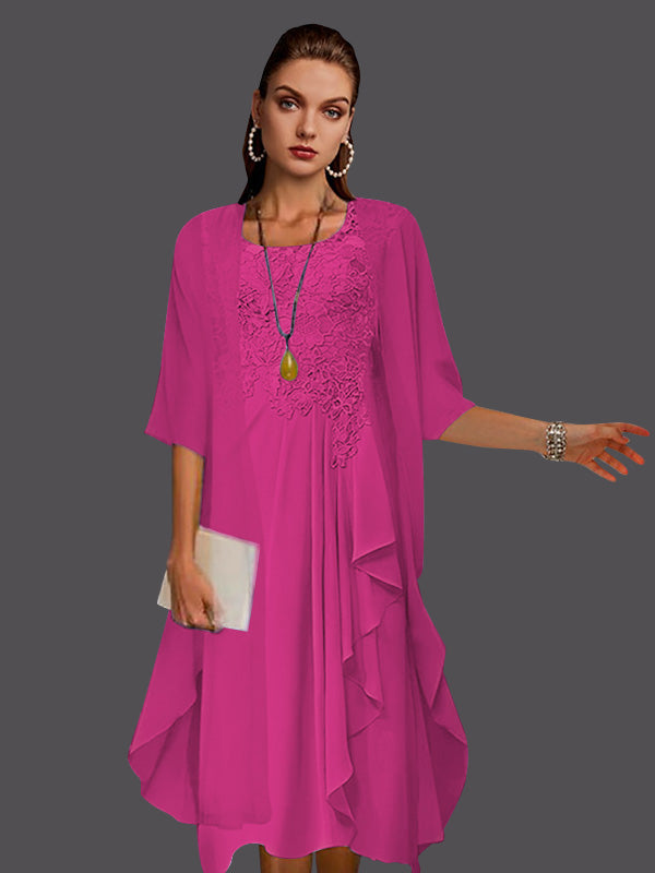 Vestidos de dos piezas de corte A, de gasa, encaje, sin mangas, con chaqueta, pliegues y apliques. 