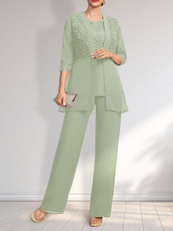 Vestido de novia de gasa con encaje y lentejuelas, estilo mono/traje pantalón, largo hasta el suelo, con escote redondo.