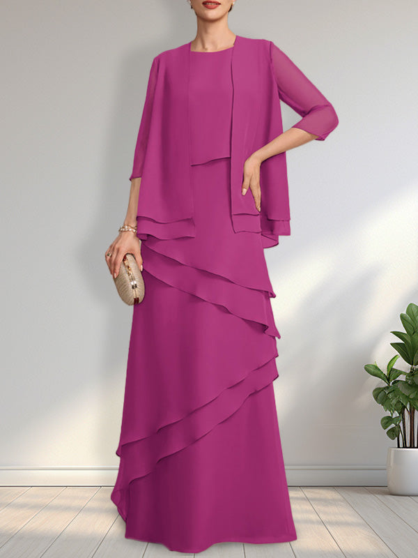 Vestido de gasa de corte recto y escote redondo hasta el suelo para la madre de la novia