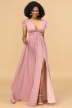 Robe de demoiselle d'honneur longue en mousseline rose poudré à col en V