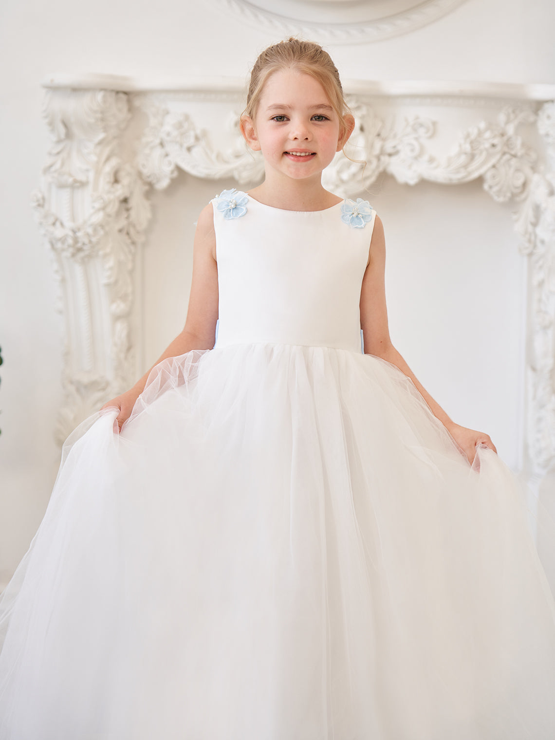 Vestido de princesa/de princesa con flores 3D de tul hasta el suelo, color marfil, para niña de las flores 