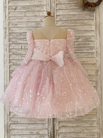 Vestido de princesa rosa con lentejuelas y tul para niña, con mangas largas y lazo extragrande 
