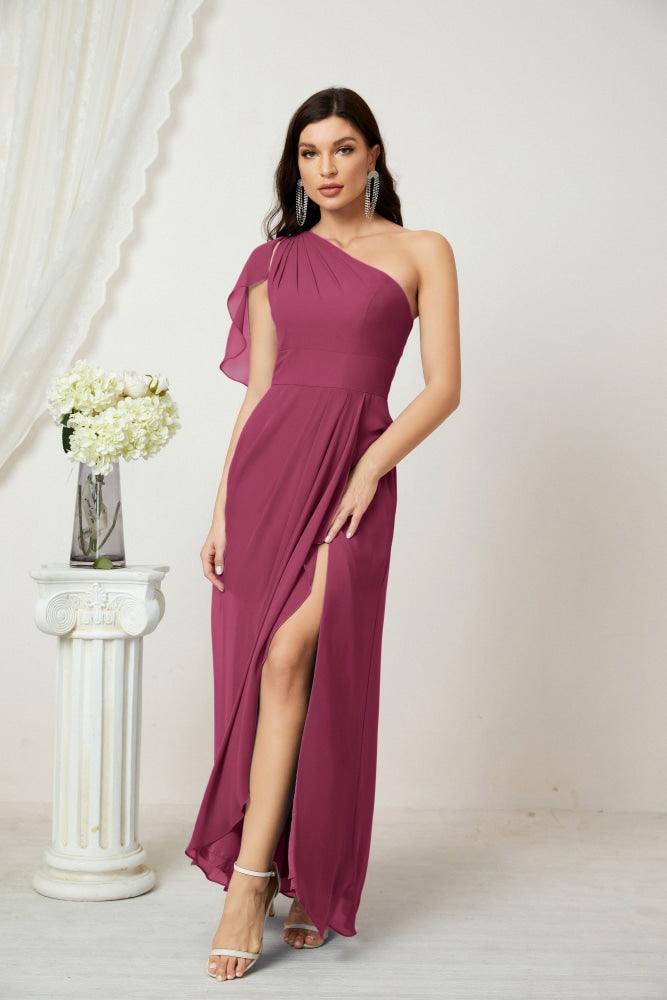 Baoleely  Chiffon Ruffled One Shoulder Long Bridesmaid Dresses A-line Formal Evening Gown Side Split 2809