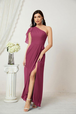 Robe de demoiselle d'honneur longue en mousseline de soie à volants et à une épaule, coupe trapèze, robe de soirée formelle fendue sur le côté, 2809