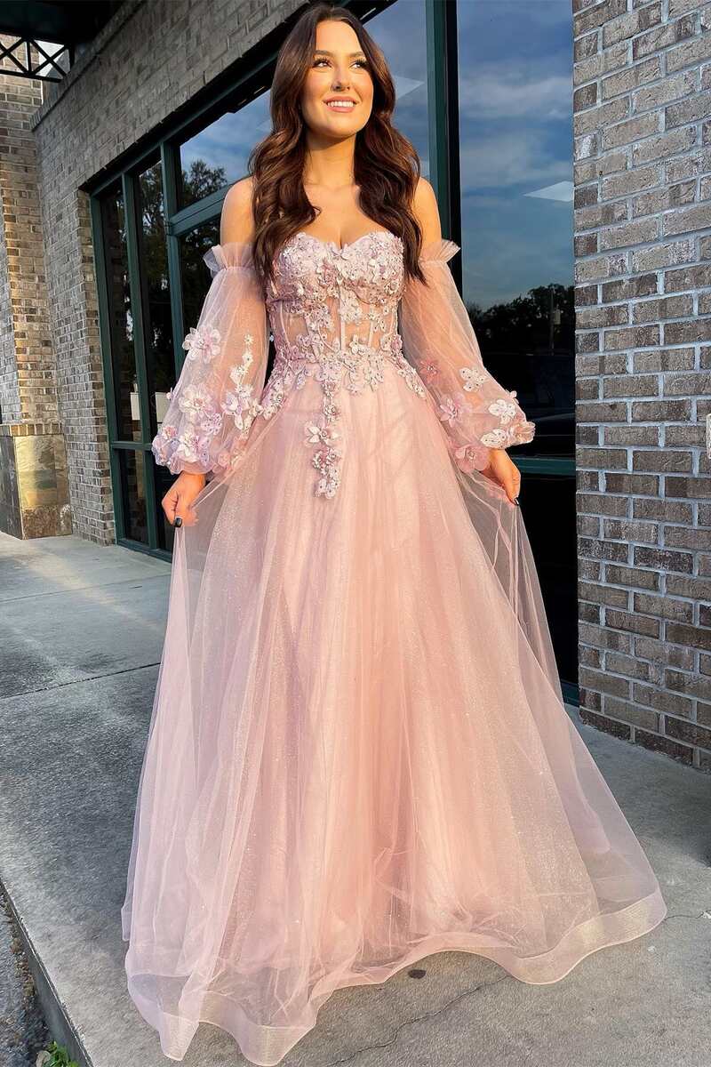 Vestido de graduación rosa de tul sin tirantes, corte en A y mangas abullonadas