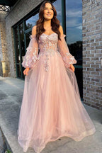 Vestido de graduación rosa de tul sin tirantes, corte en A y mangas abullonadas