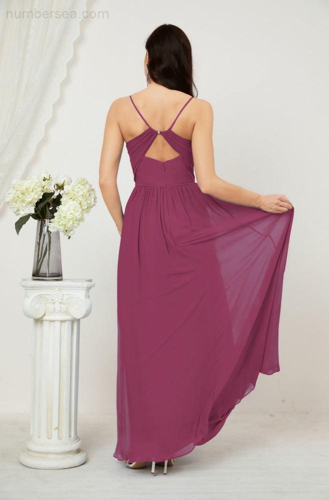 Robe de demoiselle d'honneur en mousseline de soie, longue, coupe trapèze, col en V, pour soirée de mariage, 2801 