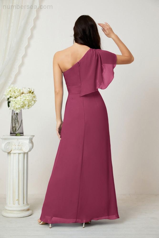 Baoleely  Chiffon Ruffled One Shoulder Long Bridesmaid Dresses A-line Formal Evening Gown Side Split 2809