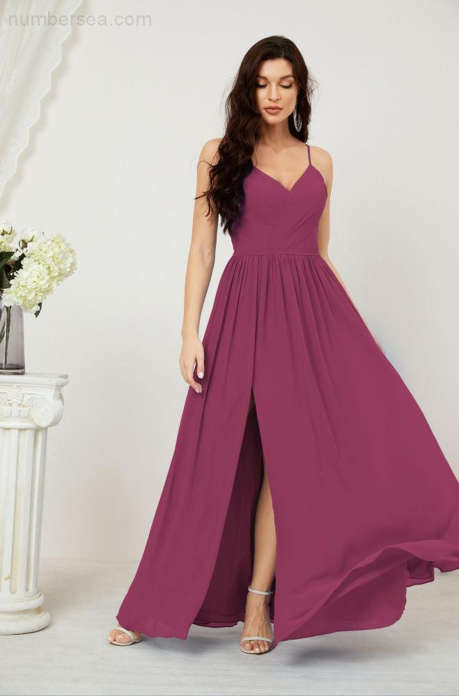 Robe de demoiselle d'honneur en mousseline de soie, longue, coupe trapèze, col en V, pour soirée de mariage, 2801 