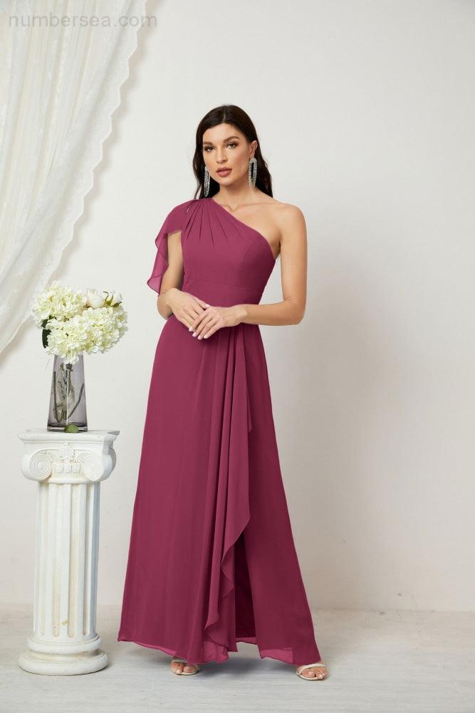 Baoleely  Chiffon Ruffled One Shoulder Long Bridesmaid Dresses A-line Formal Evening Gown Side Split 2809
