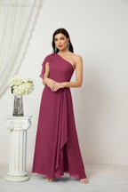 Baoleely  Chiffon Ruffled One Shoulder Long Bridesmaid Dresses A-line Formal Evening Gown Side Split 2809