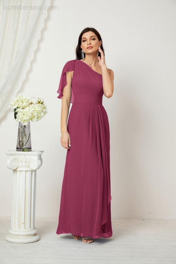 Baoleely  Chiffon Ruffled One Shoulder Long Bridesmaid Dresses A-line Formal Evening Gown Side Split 2809