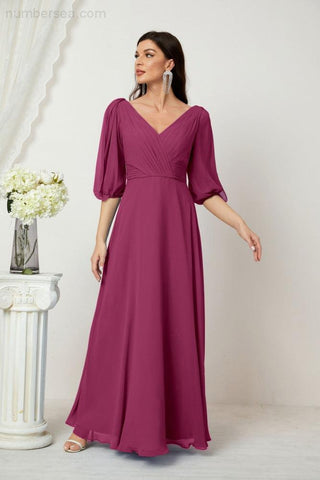 Baoleely  Formal Prom Gown Women V-Neck Chiffon Bridesmaid Dresses Long Bishop Sleeve Party Dress 2807