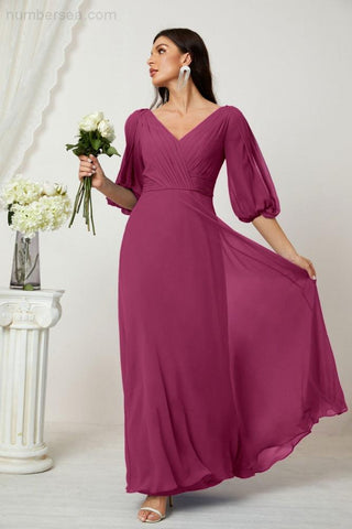 Baoleely  Formal Prom Gown Women V-Neck Chiffon Bridesmaid Dresses Long Bishop Sleeve Party Dress 2807